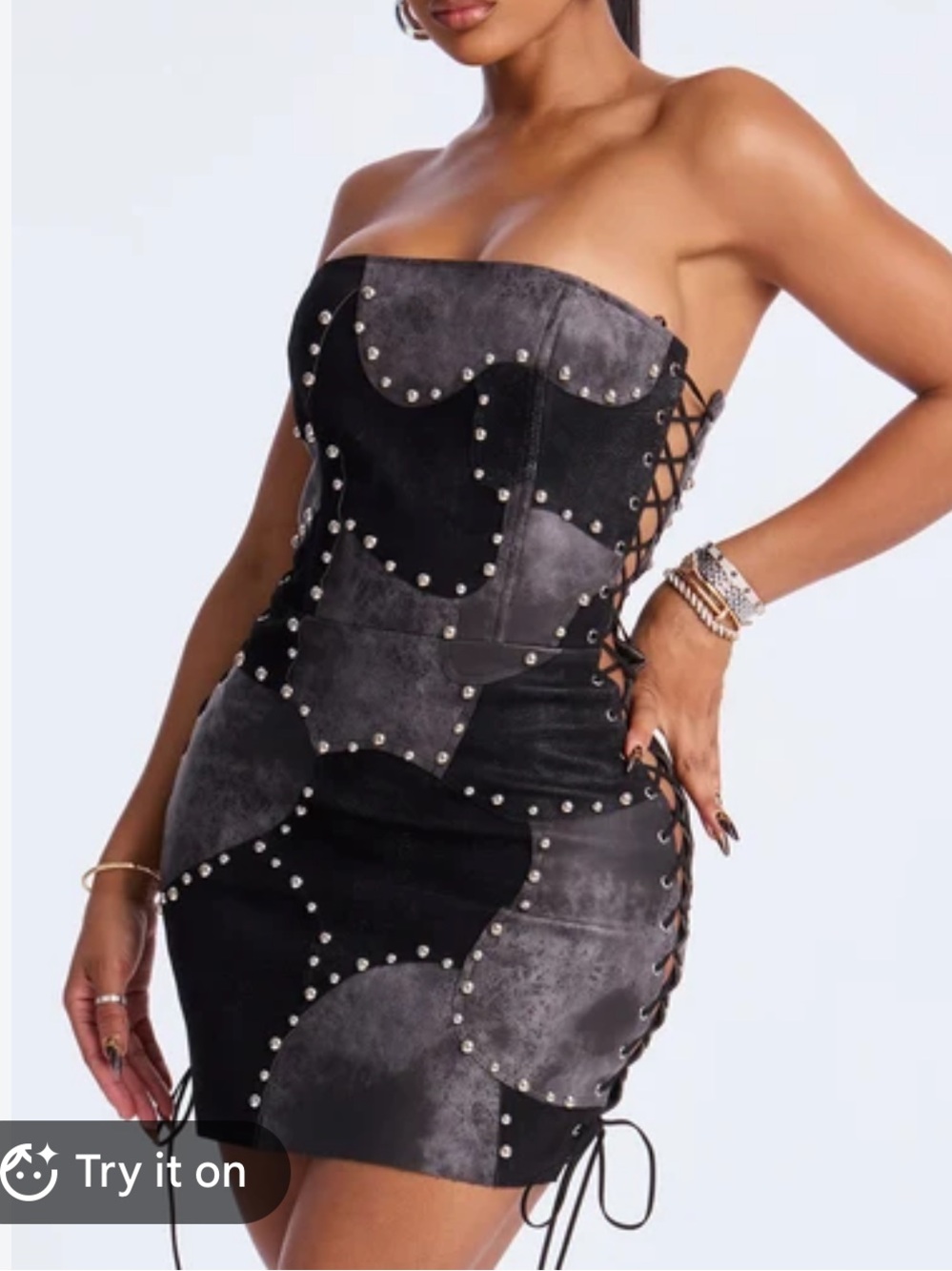 New! Faux suede and leather Black and Gray Studded Lace-Up Strapless Mini Dress